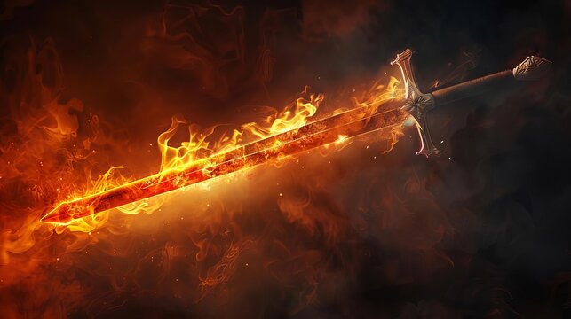 flaming medieval long sword set against dark smoky background fantasy gothic weapon dramatic digital illustration