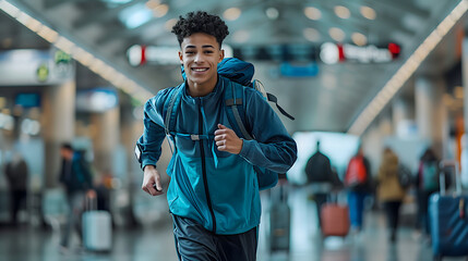 Young African American Man in Blue Jacket Late for Flight Running with Backpack Through a Busy Airport Terminal, Copy Space