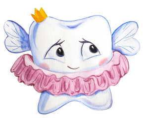 Tooth princees oth balerina tooth cartoon design.Watercolor hand painted kids tooth illustration. © Victoria