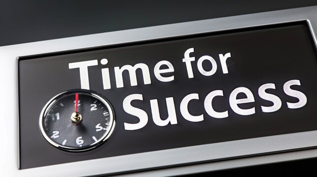 A clock mounted on a sign that reads Time for Success against a plain background