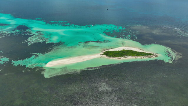 Aerial view of turquoise waters and sandy beaches of African Banks, Outer Islands, Seychelles.
