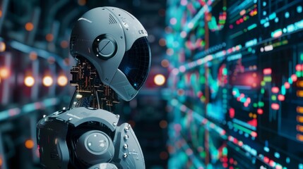 A robot is positioned in front of a solid wall, appearing to be stationary and observing its surroundings.