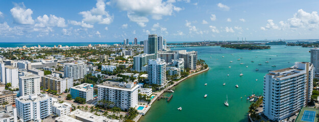 Aerial view of beautiful Miami Beach city by Biscayne Bay, Florida, United States.