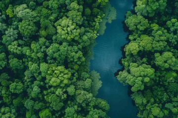 Bird's-eye perspective of woodland and stream, importance of protecting nature from harm