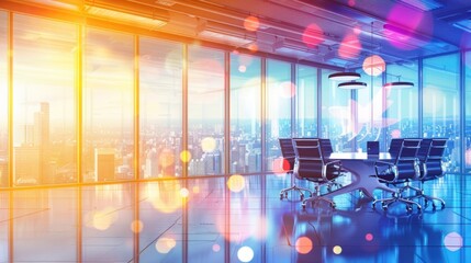 A vacant conference room with a large window showing a panoramic view of the city skyline