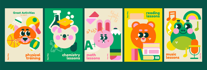 School backgrounds. Stationery, books, cute animals that crave knowledge. Set of flat vector illustrations. Back to school. School theme elements and objects, simple poster background.