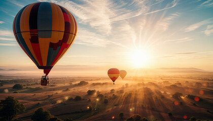 Hot air balloon. A colored hot air balloon flies over a mountain valley at dawn