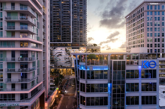 Ft Lauderdale , United States - 22 February 2022: Aerial view of modern downtown Ft Lauderdale rooftop, Florida, United States.