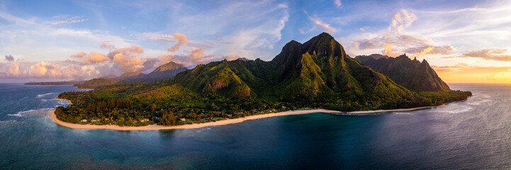 Aerial view of Tunnels Beach with stunning cliffs and coral reef, Kauai, United States.