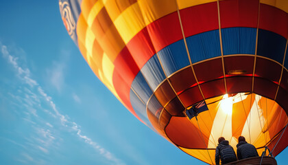 Obraz premium Hot air balloon. A colored hot air balloon flies in the clouds close-up