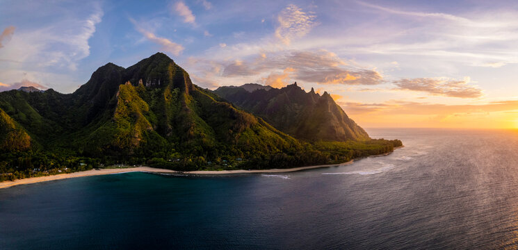 Aerial view of Tunnels Beach with beautiful cliffs and panoramic ocean, Princeville, Kauai, United States.