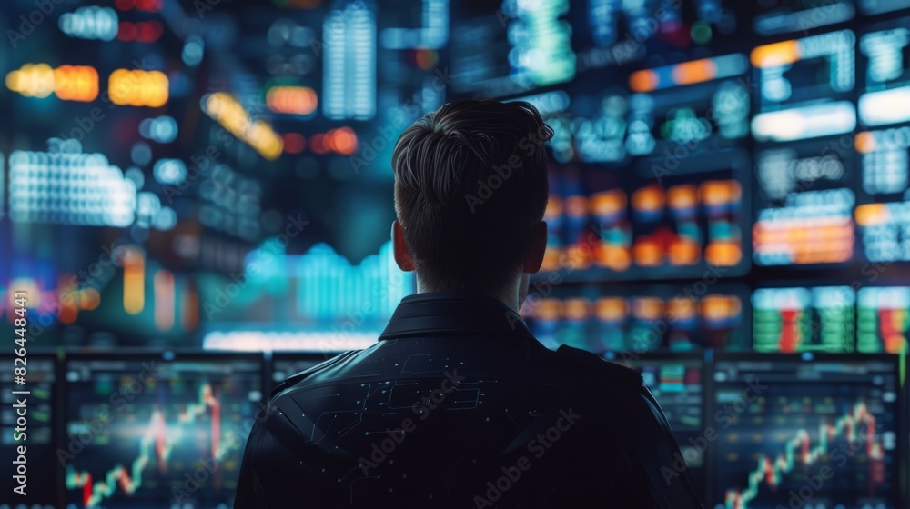 Poster a man standing in front of numerous computer monitors, focusing on the screens with a serious expres