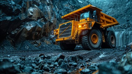 Open pit mine industry, big yellow mining truck for coal anthracite