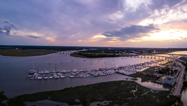 Aerial view of Charleston City Marina at sunset with Ashley River, Charleston, South Carolina, United States. - Powered by Adobe