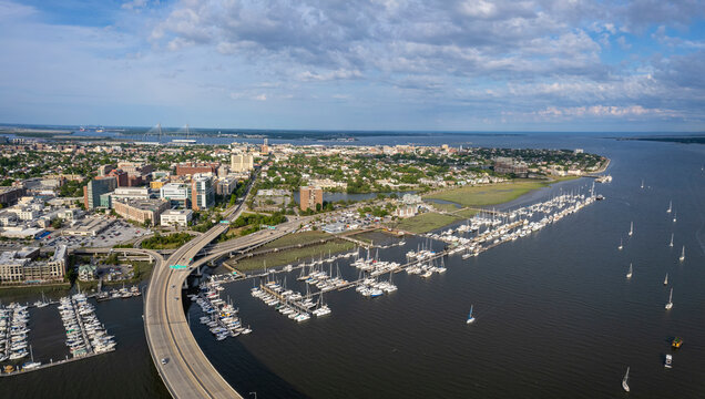 Aerial view of Charleston City Marina and Ashley River, Charleston, South Carolina, United States.