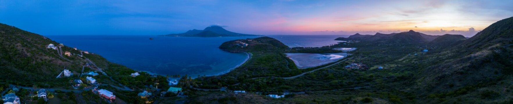 Aerial view of beautiful coast and mountains, Basseterre, Saint Kitts and Nevis.