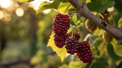 Close-up of a branch of ripe and juicy mulberries, ready to be harvested. The mulberries are a deep purple color, and the leaves are a bright green.