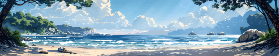 Fototapeta premium serene beach with calm waters, lush greenery, and a clear blue sky with fluffy white clouds. Generative ai vector illustration. Pop art comic book style imitation