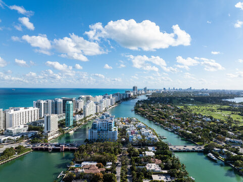 Aerial view of Miami Beach skyline over La Gorce, Allison Island, Florida, United States.