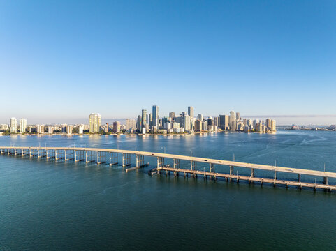 Aerial view of urban cityscape with beautiful skyline, Miami, Florida, United States, Virginia Key, Rickenbacker Causeway, Biscayne Bay.