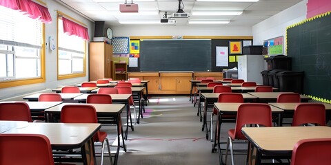 Unoccupied elementary school classroom with empty desks chairs and blackboard. Concept School, Classroom, Elementary, Empty, Desolate