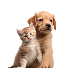 Funny cute kitten and puppy bonding together, friendship animals isolated on transparent background