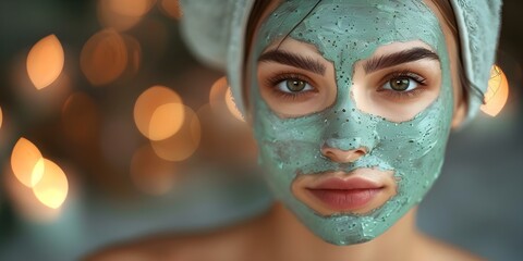 Fototapeta premium Closeup of woman wearing green clay mask in boke. Concept Beauty, Skincare, Green Clay Mask, Closeup Portrait, Bokeh Background,