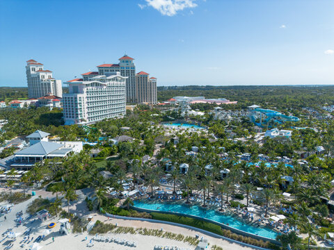 Aerial view of Baha Mar hotel and water park, Delaporte Point, Nassau, The Bahamas.