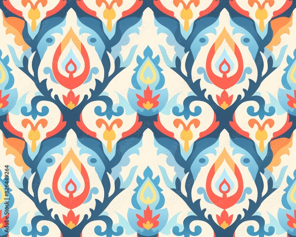 Poster vibrant bohemian pattern with geometric shapes and lively colors, perfect for textiles, backgrounds,