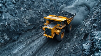 Open pit mine industry, big yellow mining truck for coal anthracite