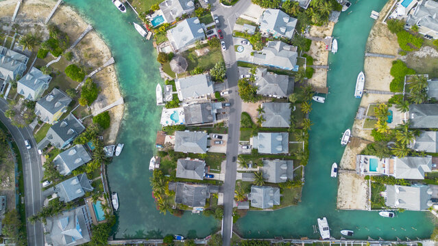 Aerial view of Sandyport residences, Delaporte Point, Nassau, The Bahamas.