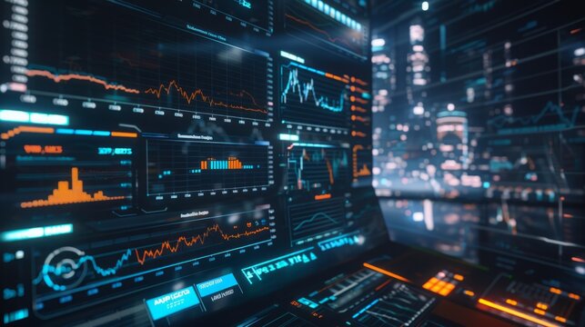 An illuminated computer screen showcasing a dense array of data points, graphs, and tables for analysis and interpretation.