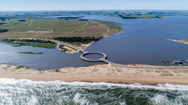 Aerial view of Garzon Lake Bridge, Maldonado, Uruguay.