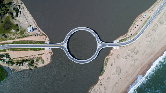 Aerial view of Garzon Lake Bridge, Maldonado, Uruguay.