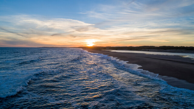 Aerial view of Garzon Lake at sunset, Maldonado, Uruguay.