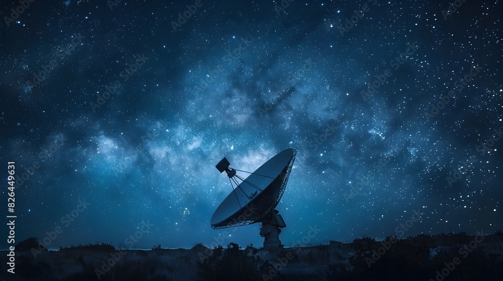 Poster satellite dish transmitting data against starry night sky representing global technological networki