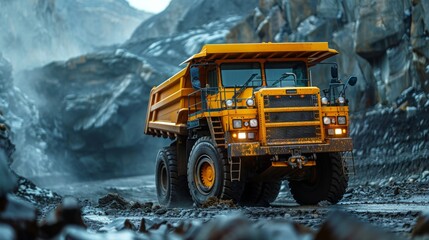 Open pit mine industry, big yellow mining truck for coal anthracite