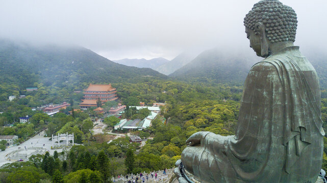 Aerial view of Tian Tan Buddha and Ngong Ping on Lantau Island, Hong Kong.