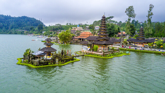 Aerial view of Ulun Danu Beratan Temple, Baturiti, Bali, Indonesia.