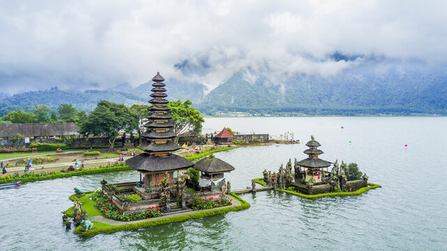 Aerial view of Ulun Danu Beratan Hindu Temple, Baturiti, Bali, Indonesia.
