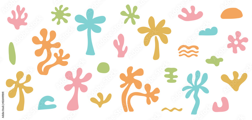 Poster set of groovy beach palm tree elements. organic minimalistic coral shapes. vector illustration backg
