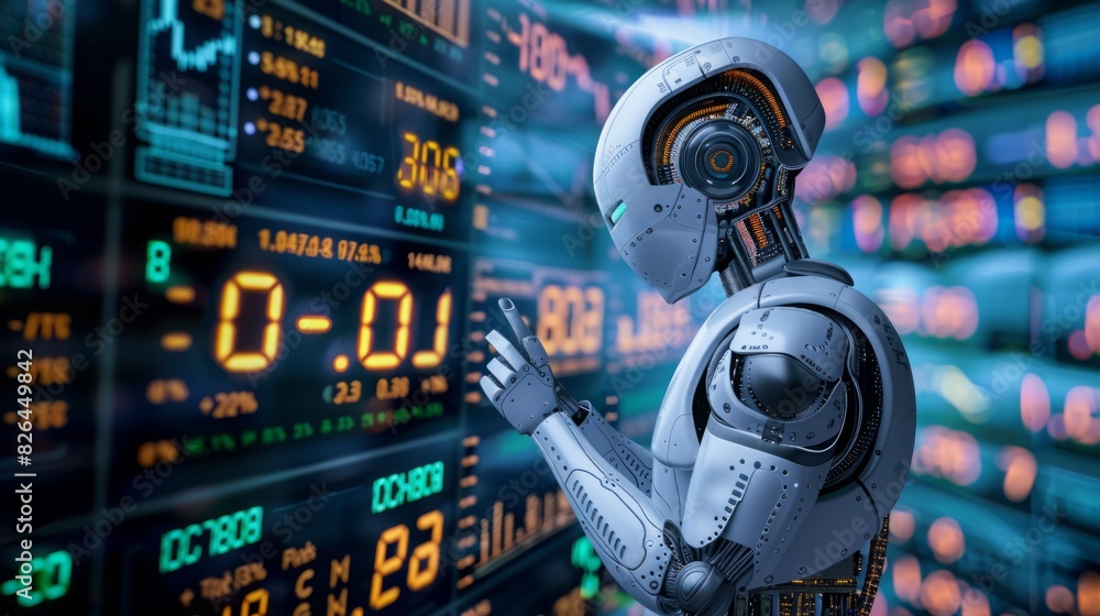 Poster a robot stands in front of a wall covered in a grid of numbers, analyzing the data with precision.