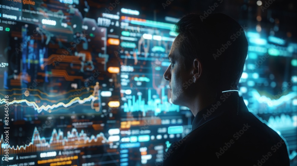 Poster a man standing before a vast wall covered in data and information, analyzing and contemplating the d