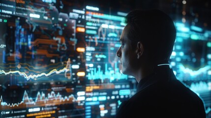 A man standing before a vast wall covered in data and information, analyzing and contemplating the displayed content.