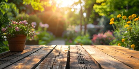 Rustic Outdoor Patio Table with Blurred Garden Backdrop for Spring and Summer Product Displays