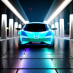 Naklejka premium concept of a futuristic electric car of the future on a night city street, modern electric car,