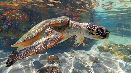 Fototapeta premium majestic sea turtle gracefully swimming through crystal clear waters vibrant marine life ai generated digital art