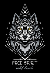 Wolf head, vector totem spirit animal with quote: free spirit, wild heart , sacred animal design, power animal boho illustration.