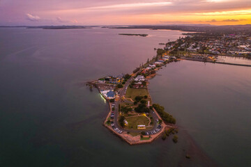 Aerial view of Cleveland Lighthouse overlooking Moreton Bay, Cleveland Point, Queensland, Australia.