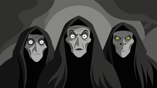 An eerie charcoal sketch of the three witches from Macbeth their twisted faces and dark robes hinting at the sinister events to come.. Vector illustration